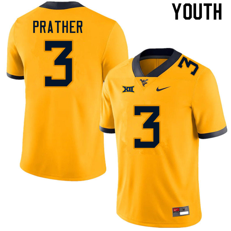 Youth #3 Kaden Prather West Virginia Mountaineers College Football Jerseys Sale-Gold - Click Image to Close